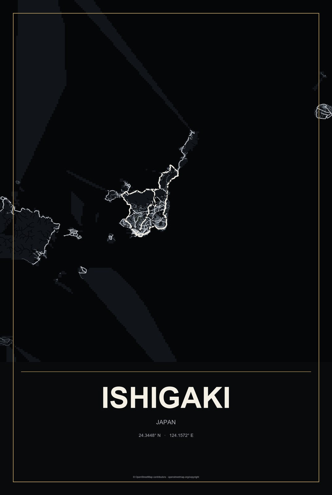 Ishigaki, Japan City Map Aluminum Sign in Metropolitan Noir style