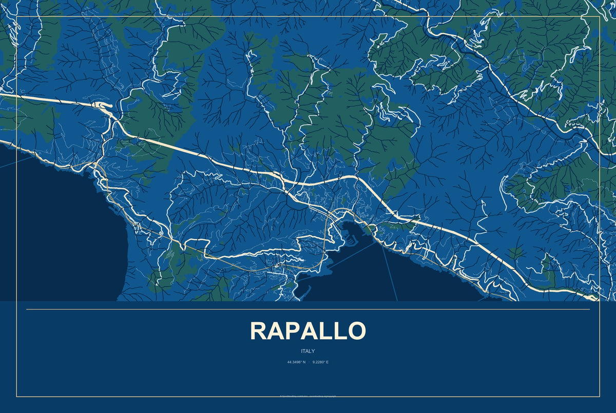 Rapallo, Italy City Map Aluminum Sign in Harbor Cobalt style