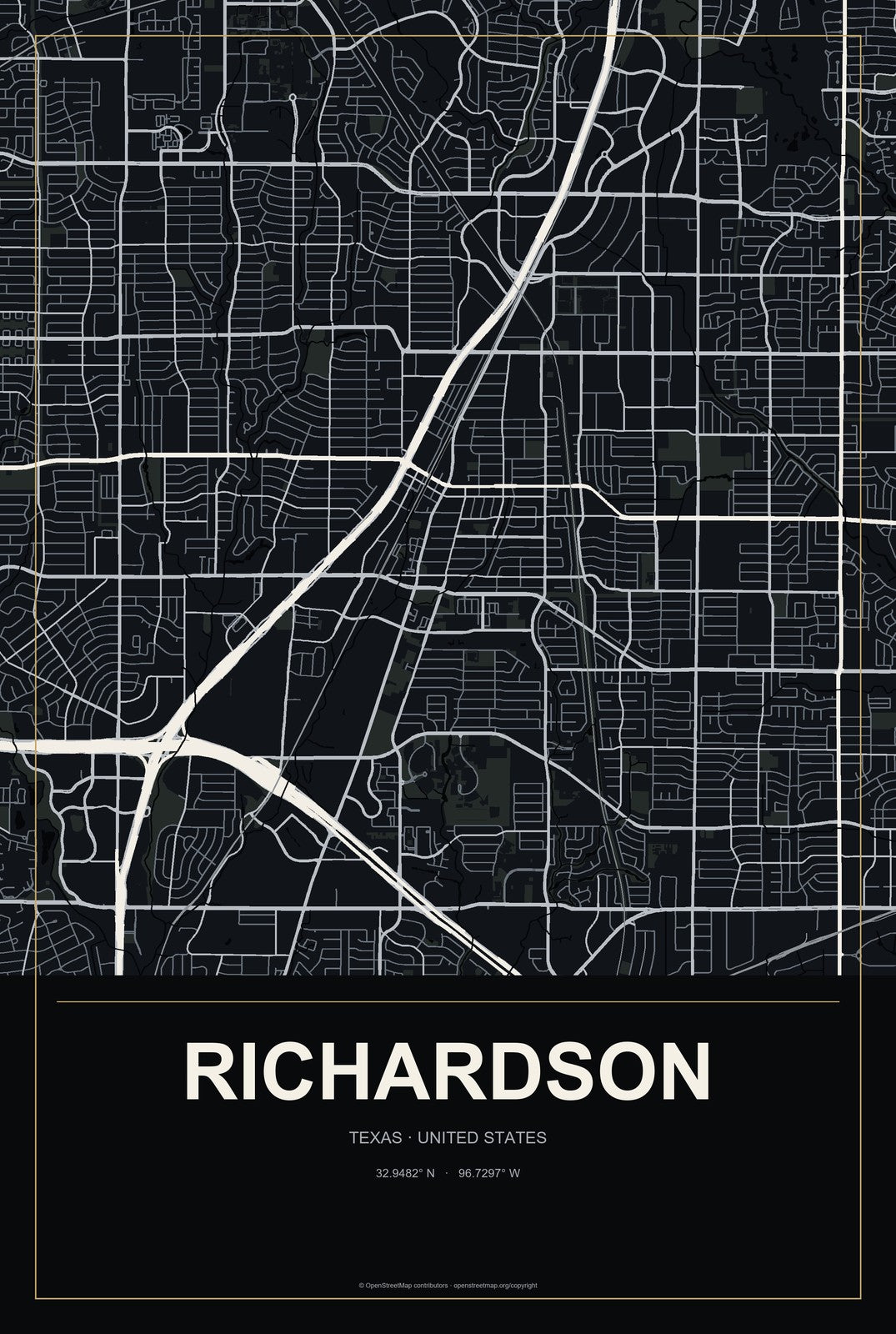 Richardson, Texas City Map Aluminum Sign in Metropolitan Noir style