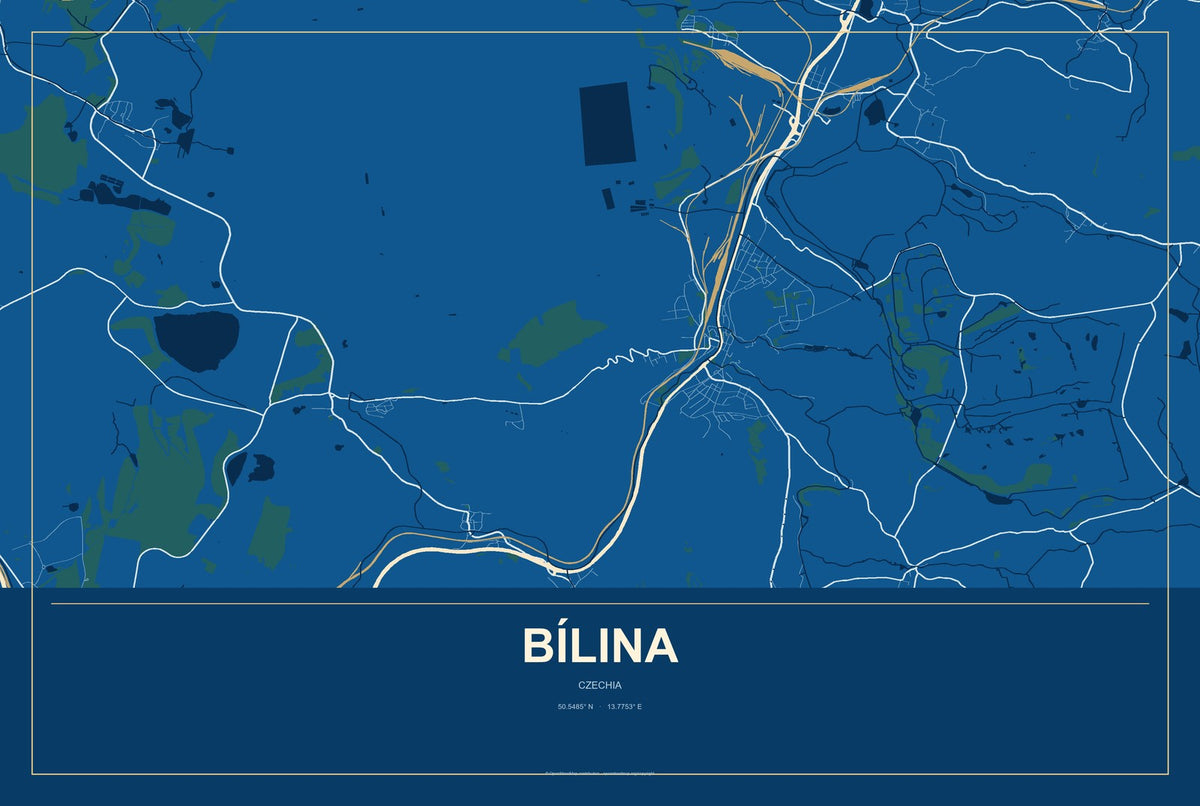 Bílina, Czechia City Map Aluminum Sign in Harbor Cobalt style