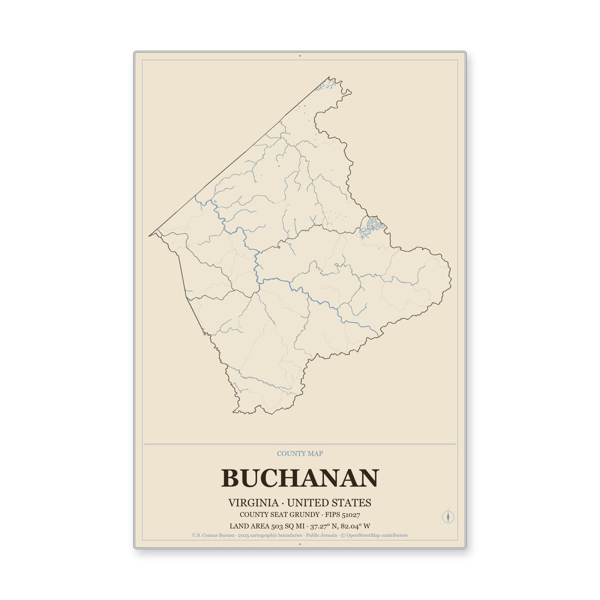 Buchanan County, Virginia Map Aluminum Sign in Heritage Nautical style