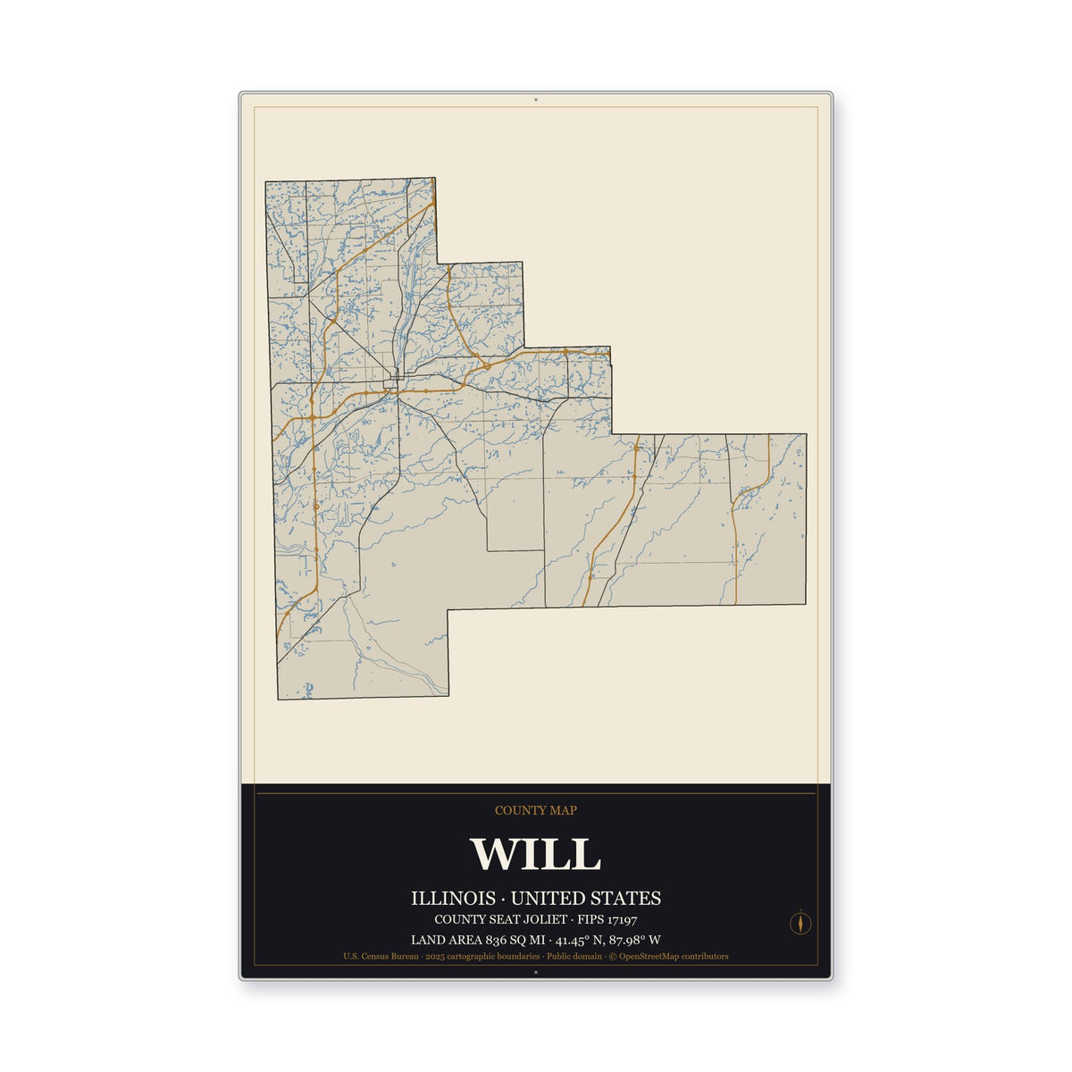 Will County, Illinois Map Aluminum Sign in Museum Plaque style