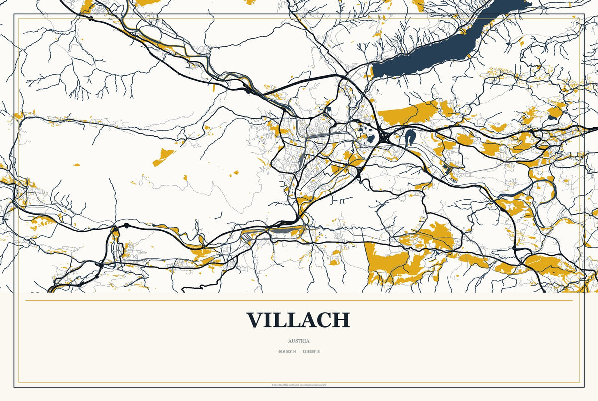 Villach, Austria City Map Aluminum Sign in Citrine Modern style