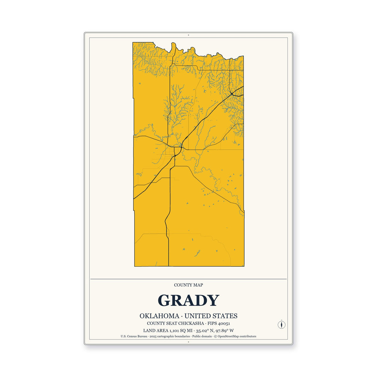Grady County, Oklahoma Map Aluminum Sign in Citrine Modern style