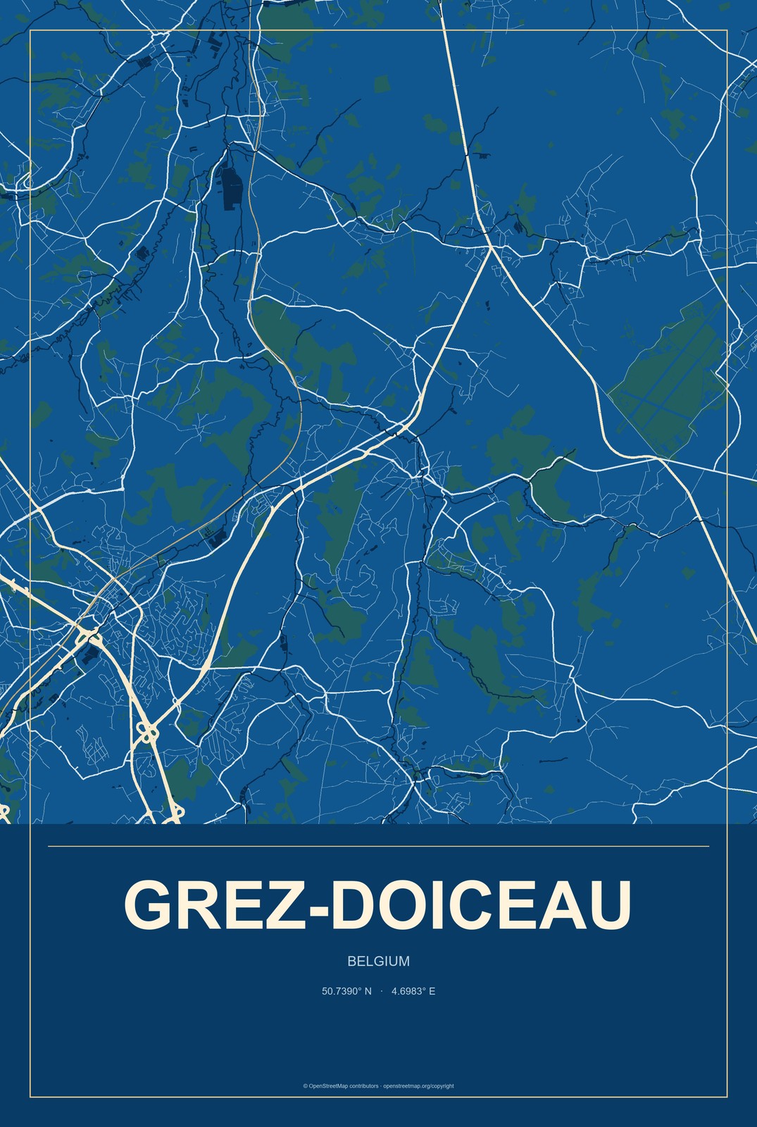 Grez-Doiceau, Belgium City Map Aluminum Sign in Harbor Cobalt style
