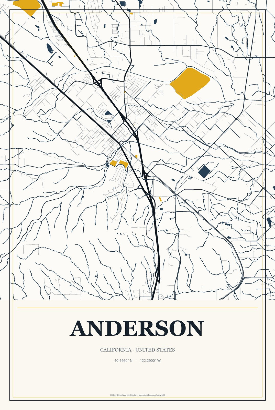 Anderson, California City Map Aluminum Sign in Citrine Modern style