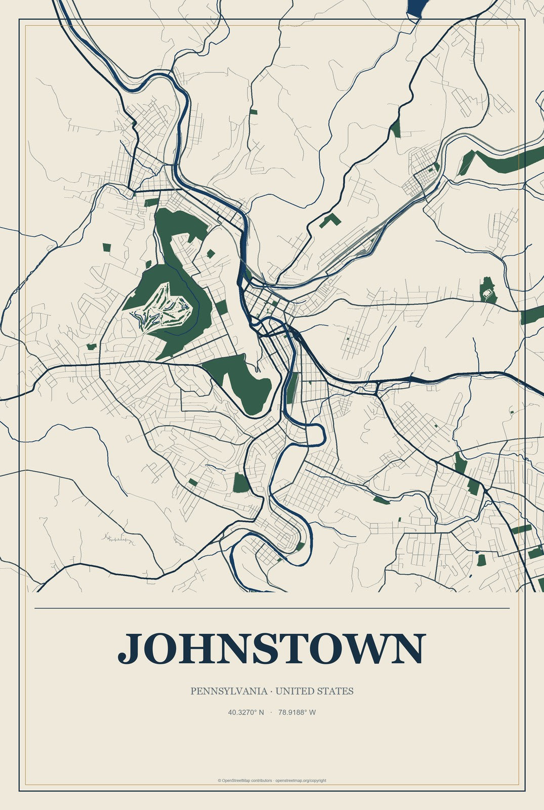 Johnstown, Pennsylvania City Map Aluminum Sign in Coastal Cutout style