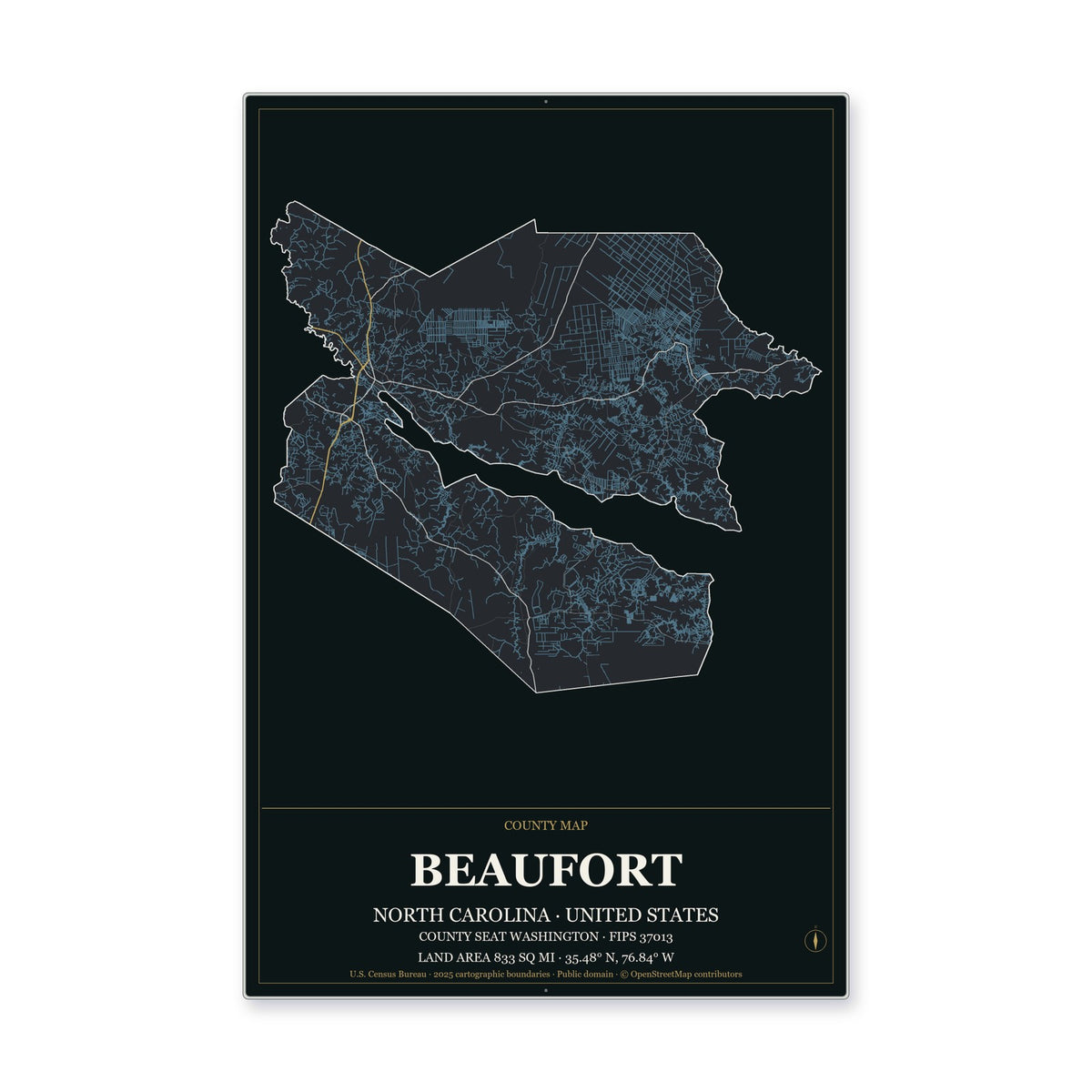 Beaufort County, North Carolina Map Aluminum Sign in Metropolitan Noir style