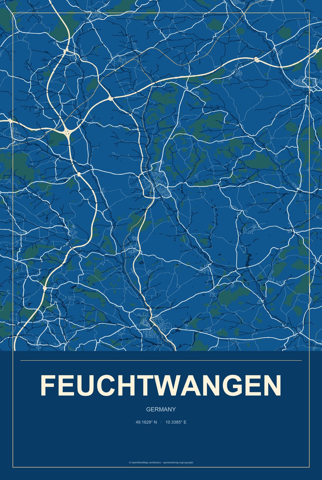 Feuchtwangen, Germany City Map Aluminum Sign in Harbor Cobalt style
