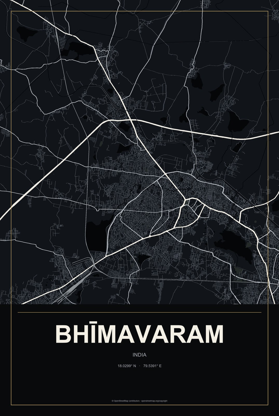 Bhīmavaram, India City Map Aluminum Sign in Metropolitan Noir style