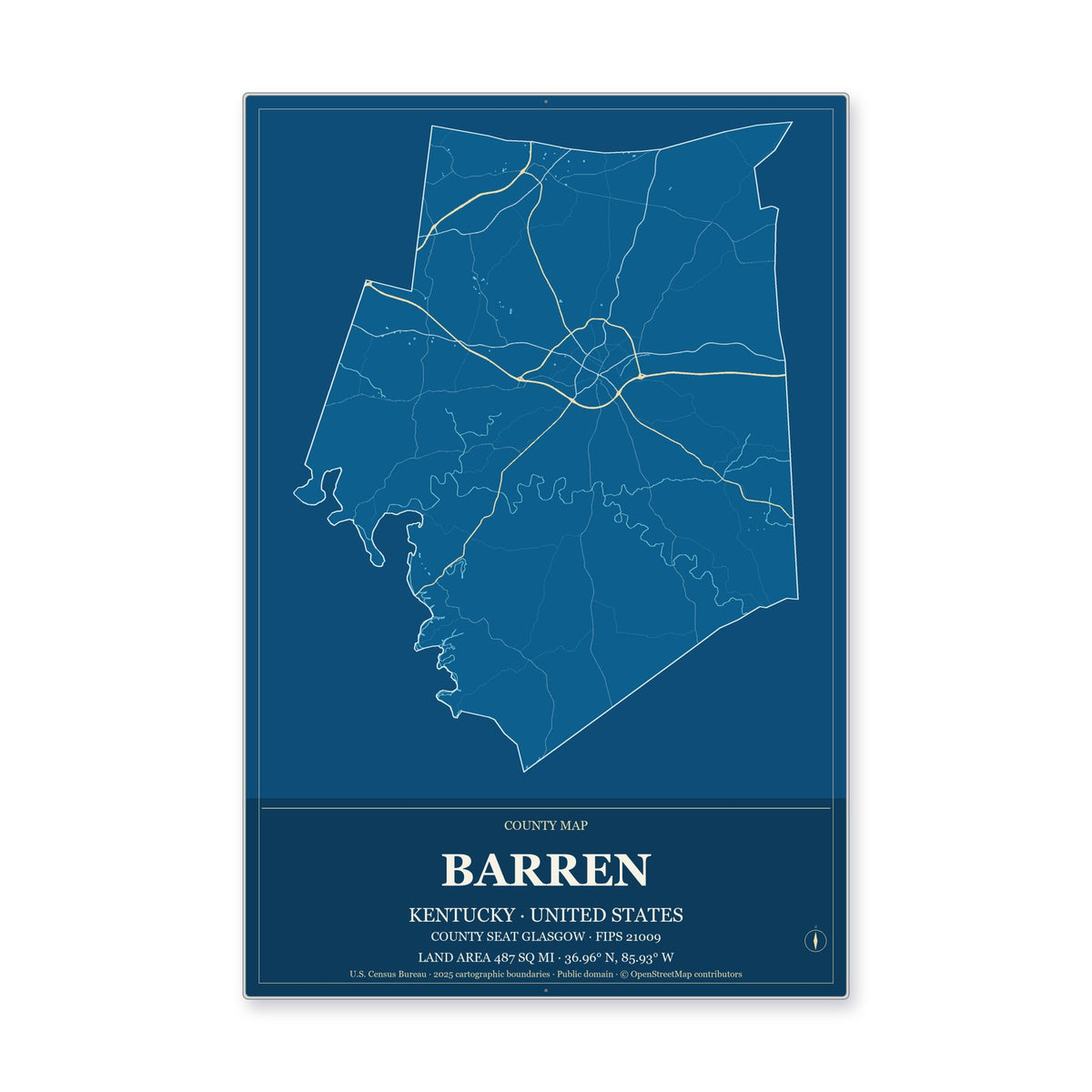 Barren County, Kentucky Map Aluminum Sign in Harbor Cobalt style