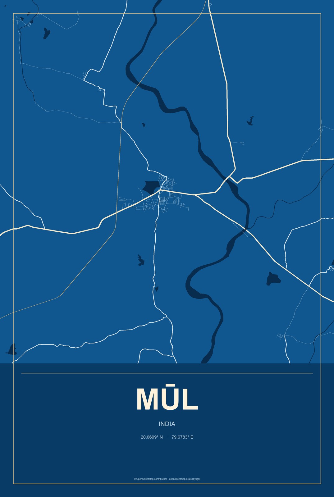 Mūl, India City Map Aluminum Sign in Harbor Cobalt style