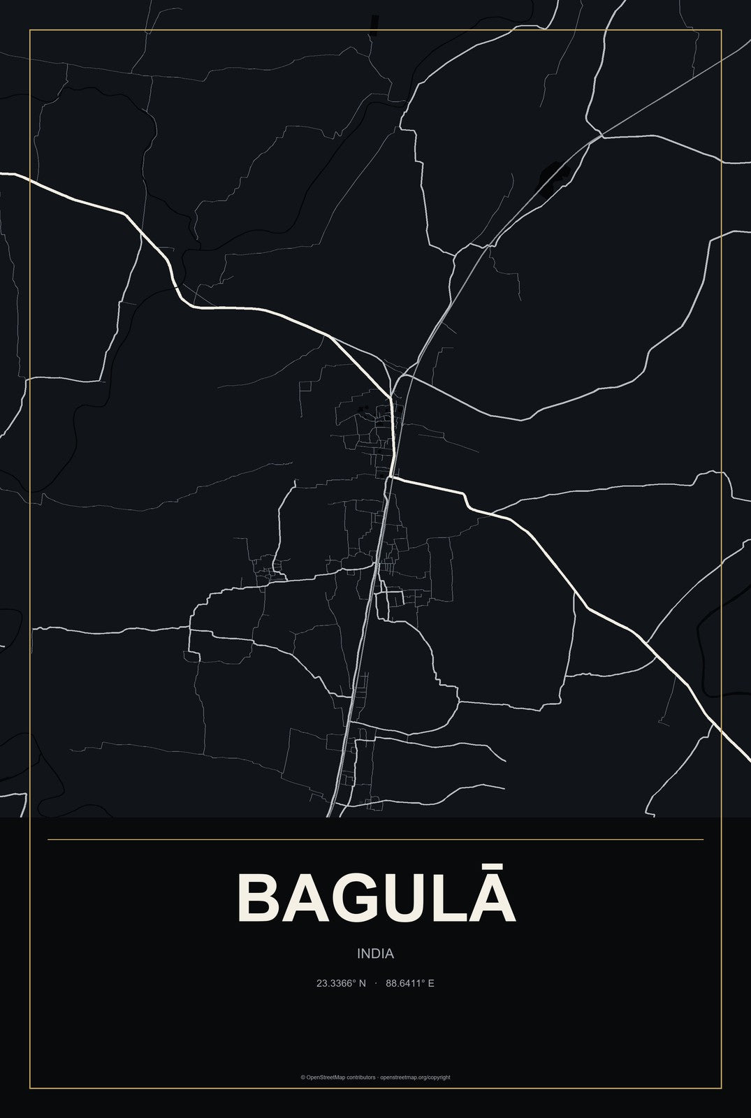 Bagulā, India City Map Aluminum Sign in Metropolitan Noir style