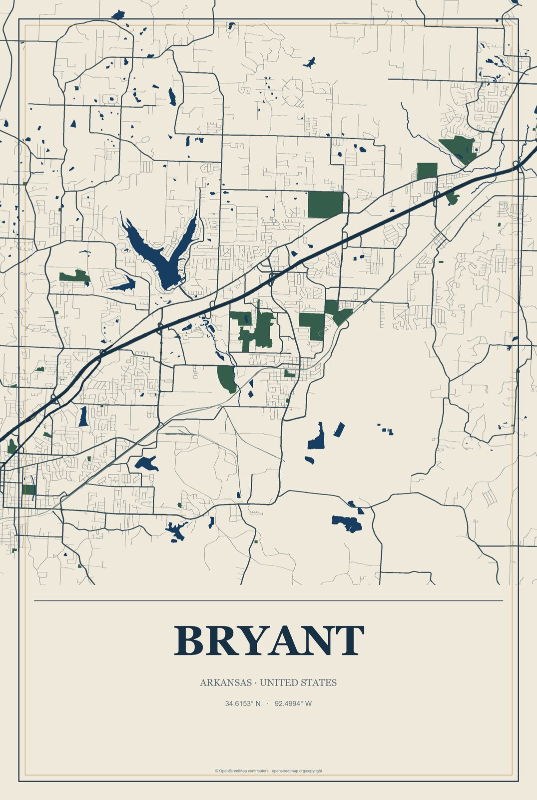 Bryant, Arkansas City Map Aluminum Sign in Coastal Cutout style