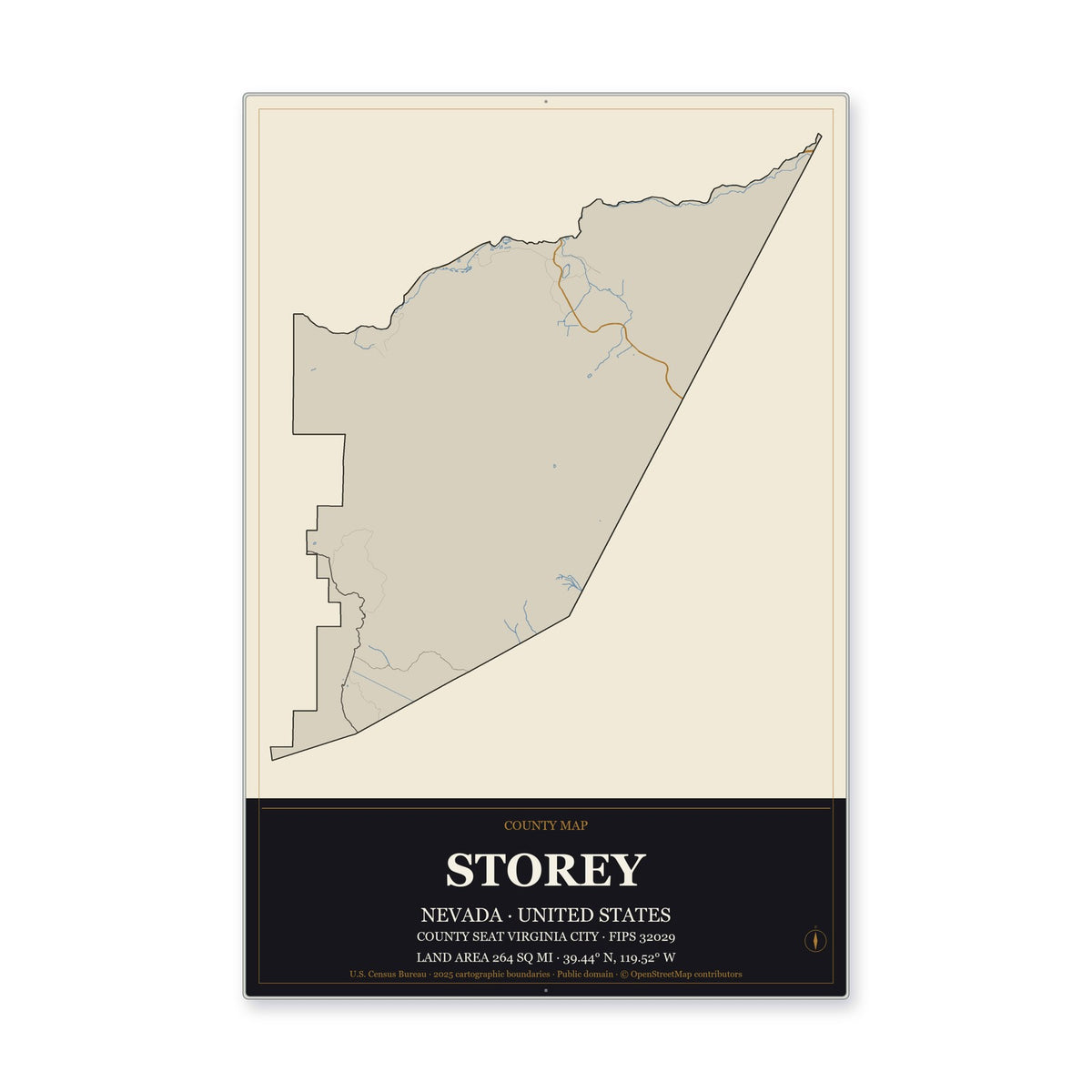 Storey County, Nevada Map Aluminum Sign in Museum Plaque style