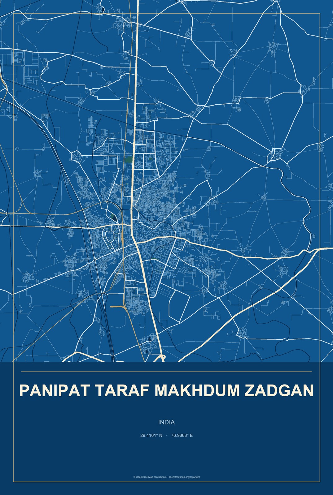 Panipat Taraf Makhdum Zadgan, India City Map Aluminum Sign in Harbor Cobalt style