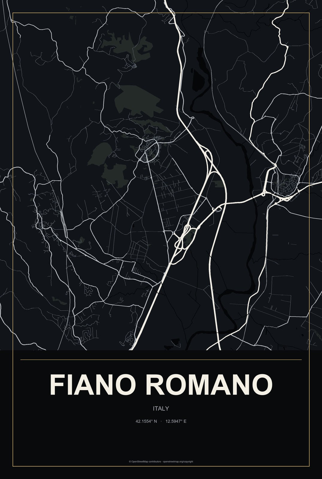 Fiano Romano, Italy City Map Aluminum Sign in Metropolitan Noir style
