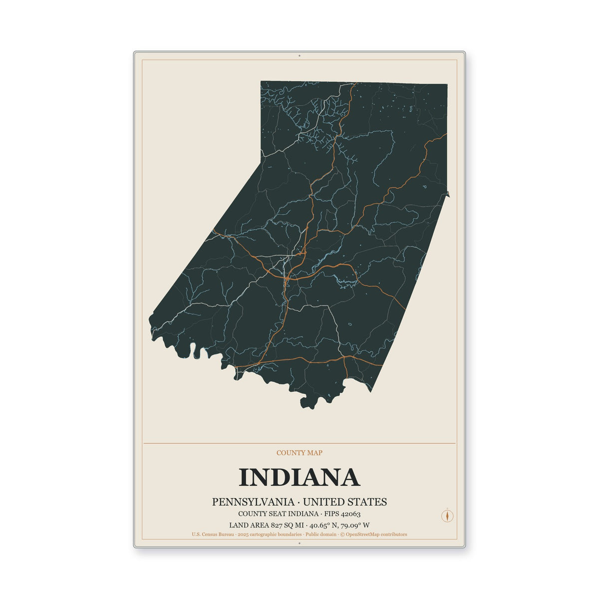 Indiana County, Pennsylvania Map Aluminum Sign in Headline Atlas style