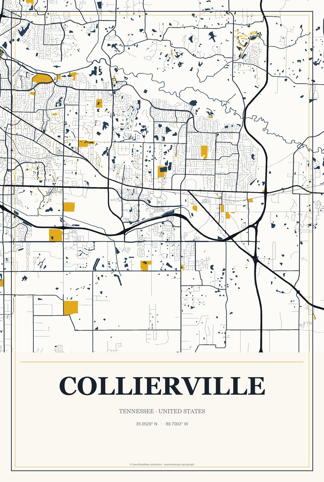 Collierville, Tennessee City Map Aluminum Sign in Citrine Modern style
