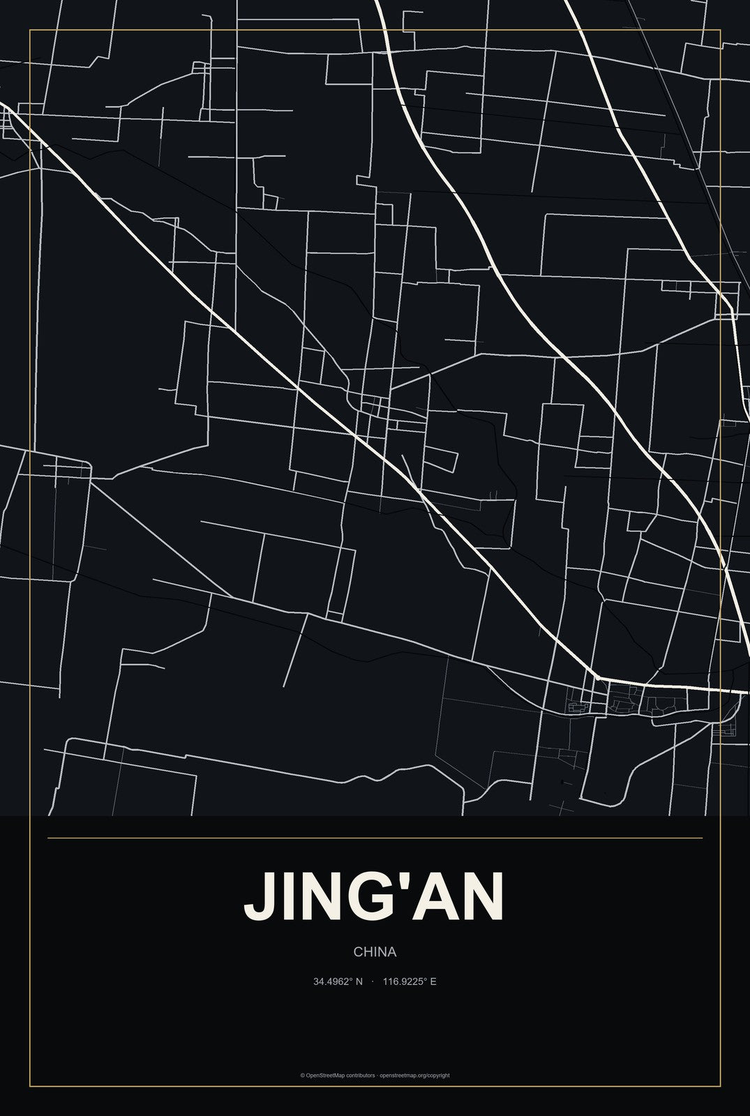 Jing'an, China City Map Aluminum Sign in Metropolitan Noir style