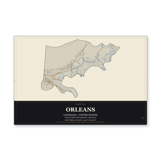 Orleans Parish, Louisiana Map Aluminum Sign in Museum Plaque style