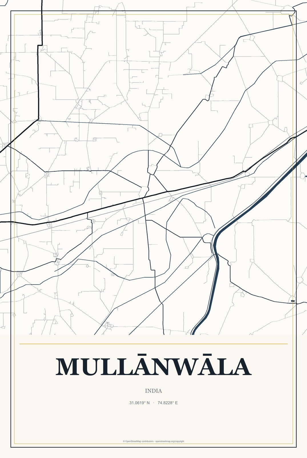 Mullānwāla, India City Map Aluminum Sign in Citrine Modern style