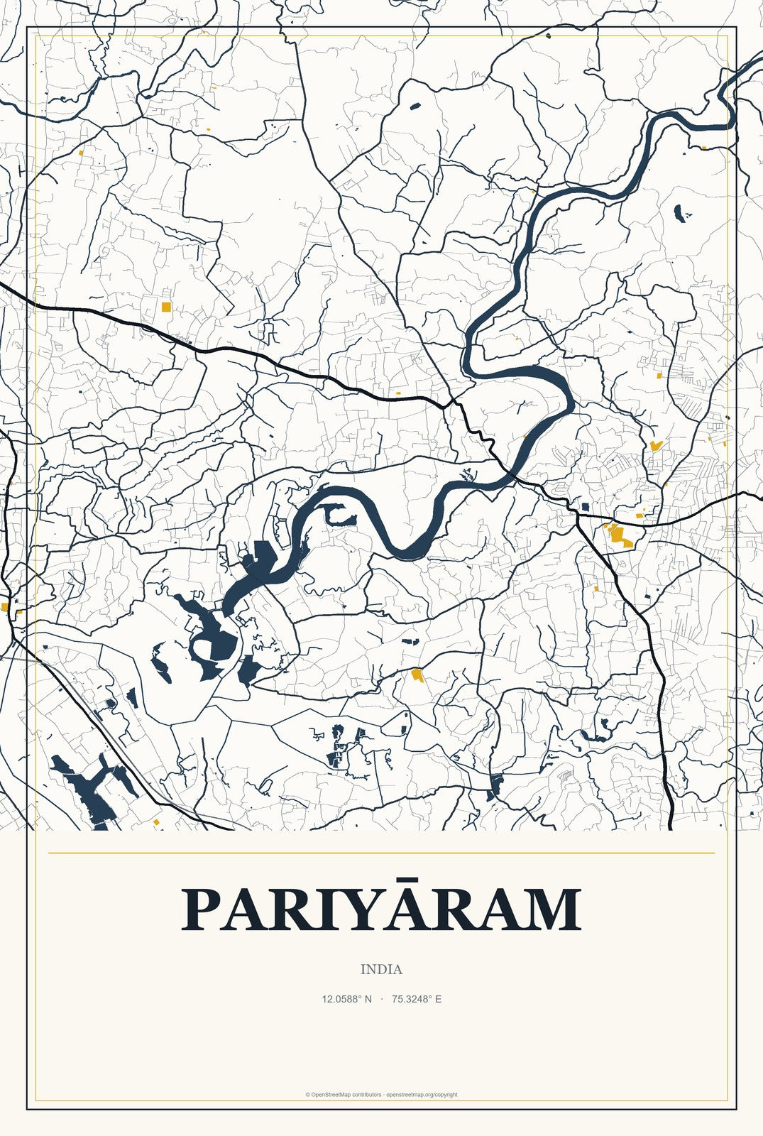 Pariyāram, India City Map Aluminum Sign in Citrine Modern style