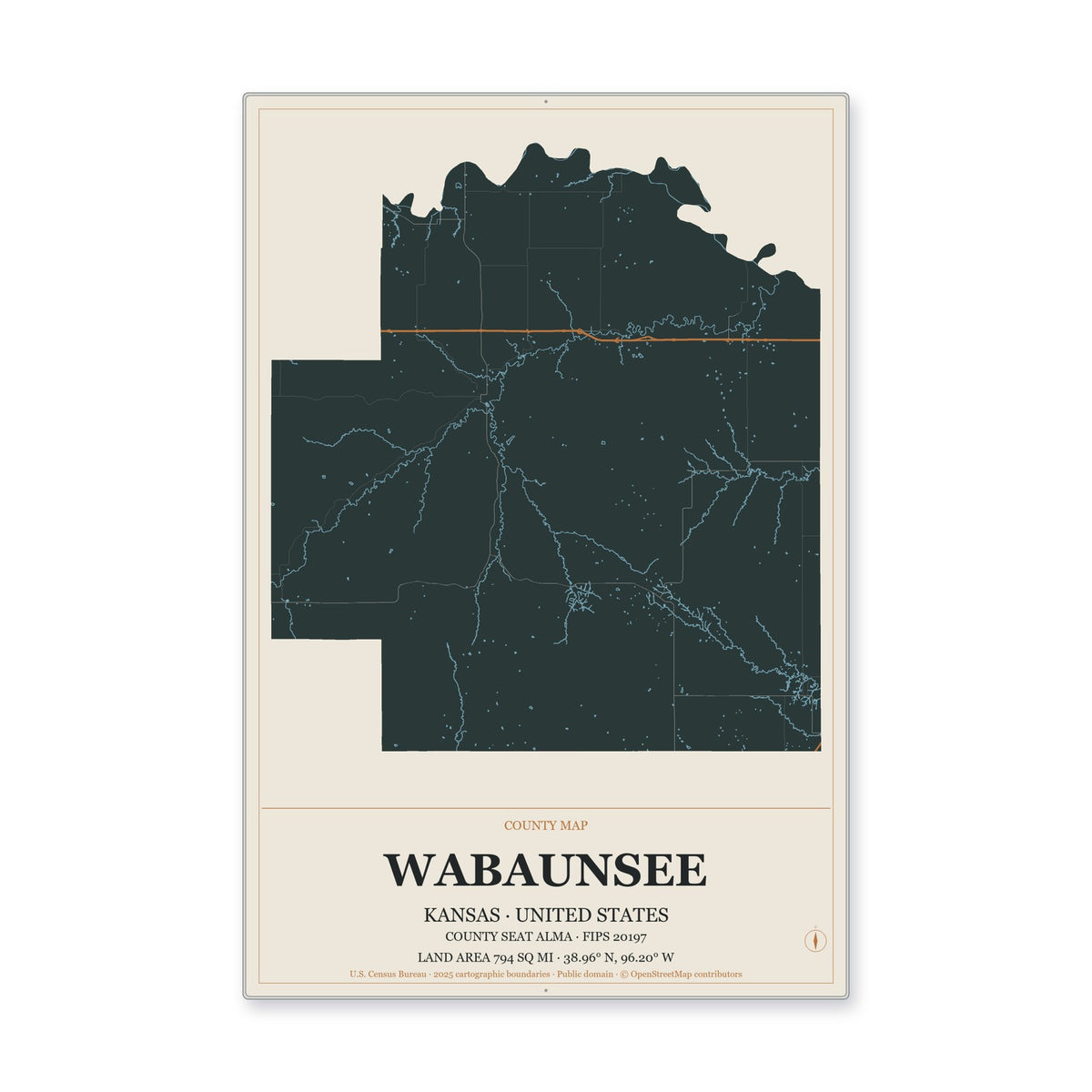 Wabaunsee County, Kansas Map Aluminum Sign in Headline Atlas style