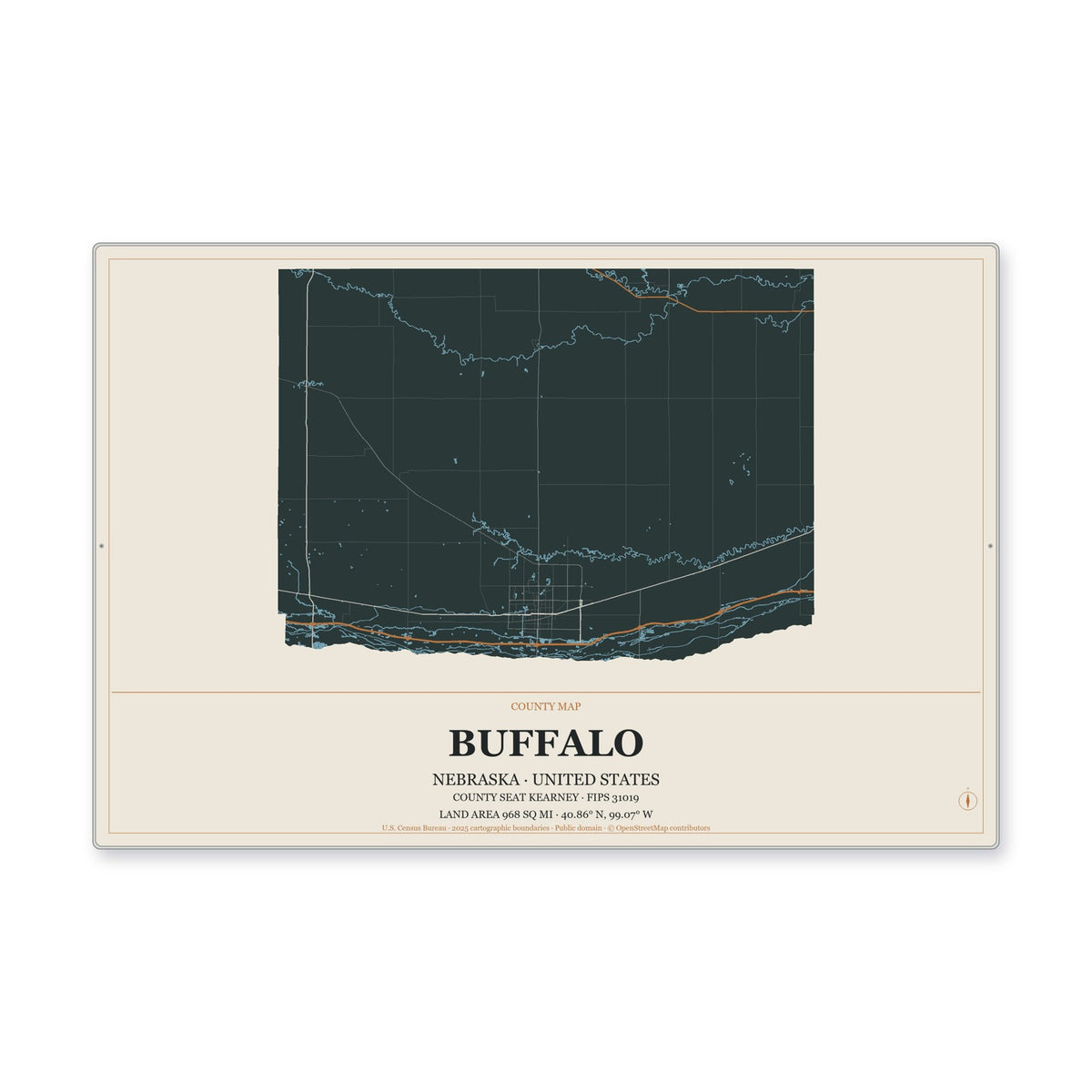 Buffalo County, Nebraska Map Aluminum Sign in Headline Atlas style