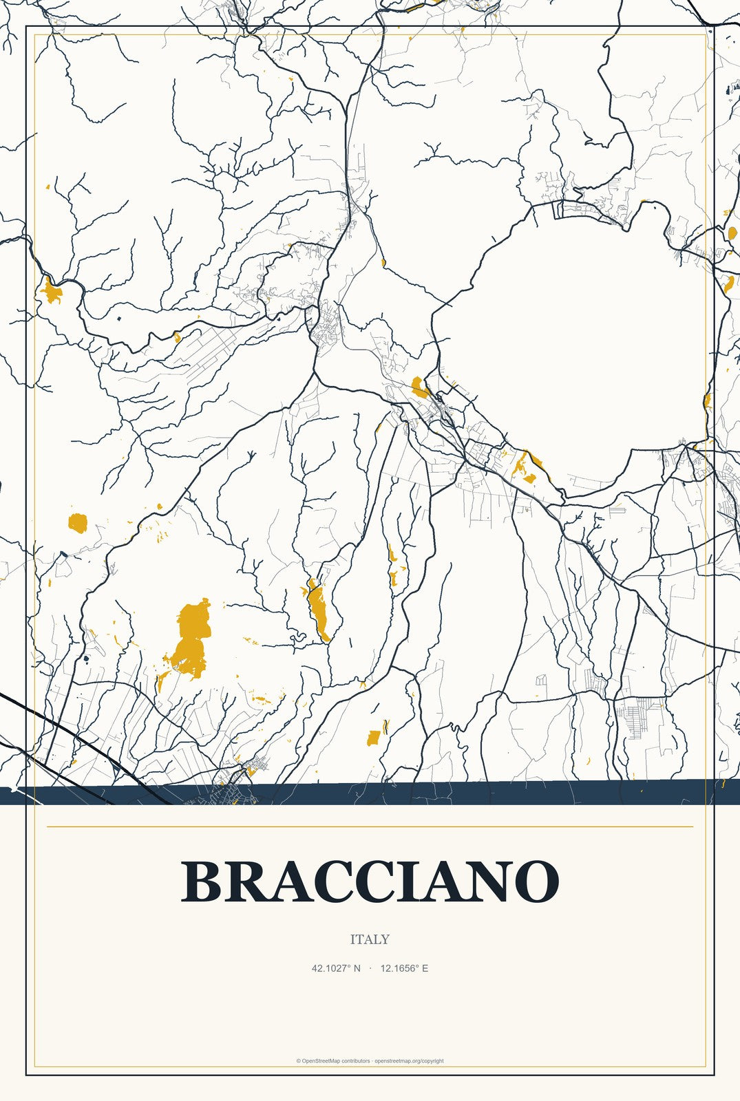 Bracciano, Italy City Map Aluminum Sign in Citrine Modern style