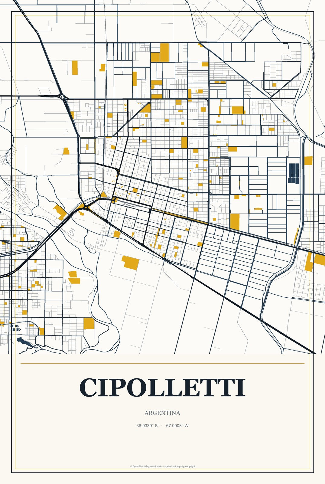 Cipolletti, Argentina City Map Aluminum Sign in Citrine Modern style