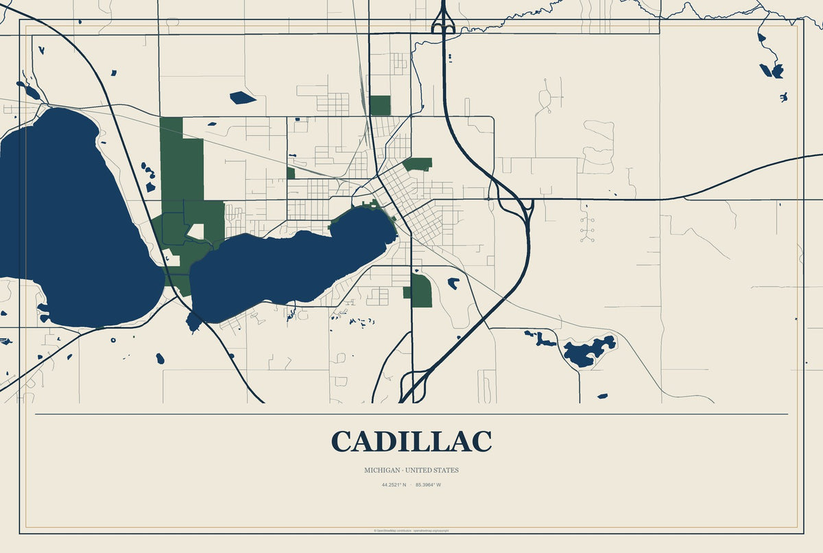 Cadillac, Michigan City Map Aluminum Sign in Coastal Cutout style