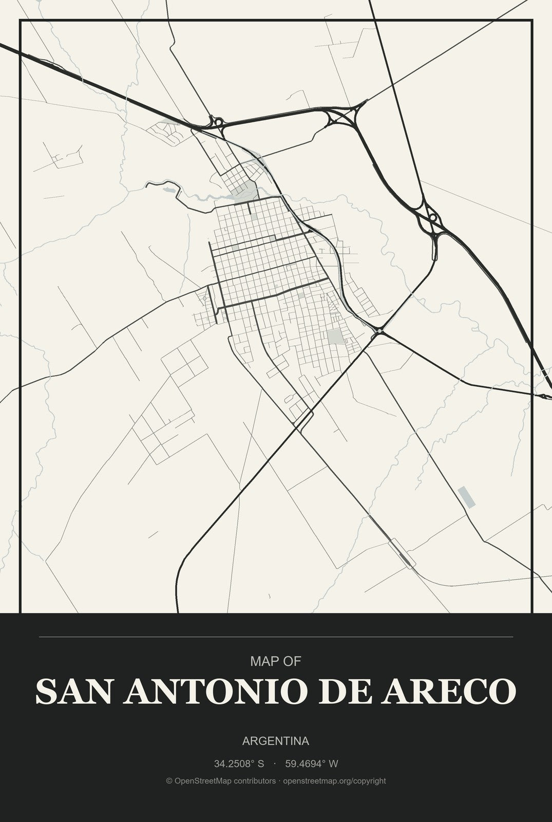 San Antonio de Areco, Argentina City Map Aluminum Sign in Museum Plaque style