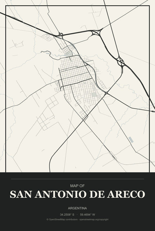 San Antonio de Areco, Argentina City Map Aluminum Sign in Museum Plaque style