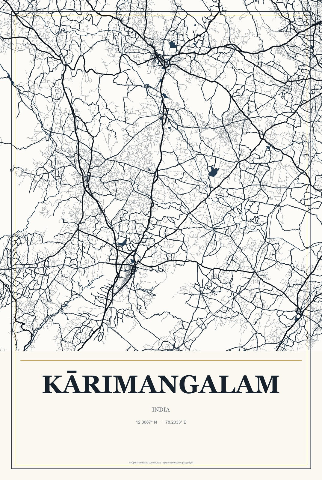 Kārimangalam, India City Map Aluminum Sign in Citrine Modern style