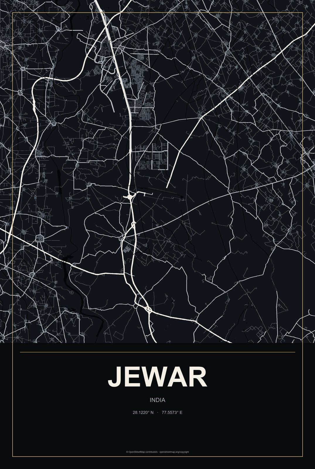 Jewar, India City Map Aluminum Sign in Metropolitan Noir style