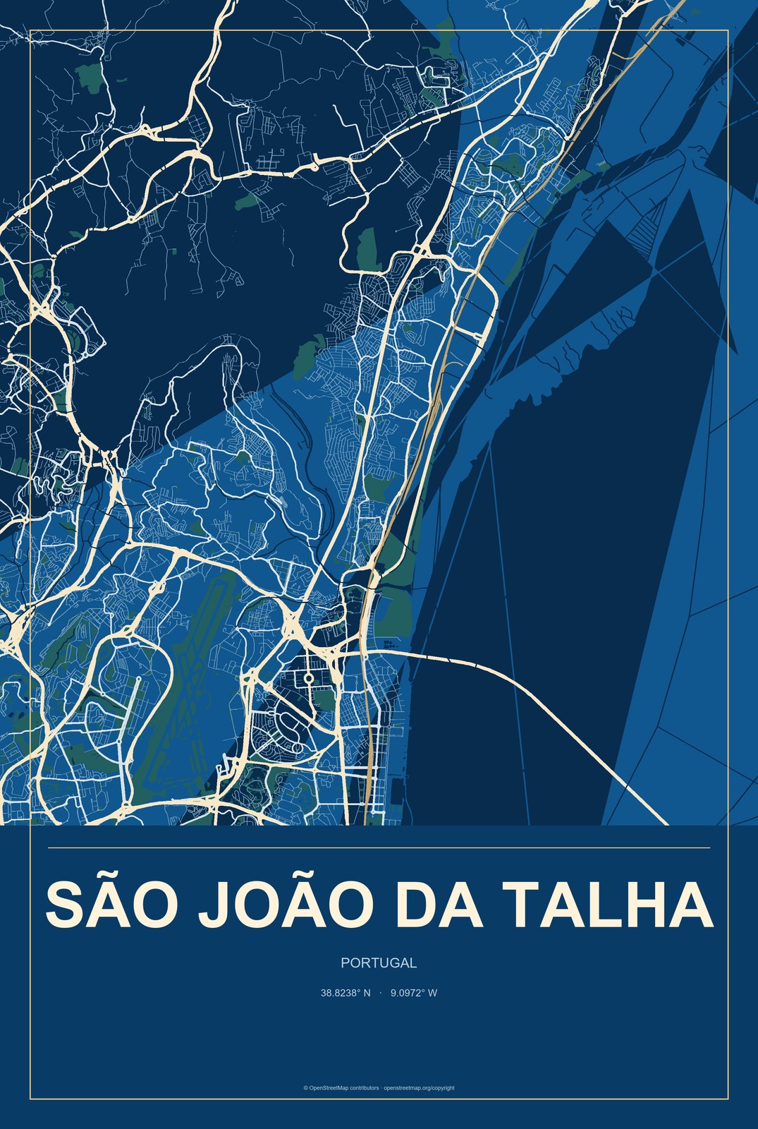 São João da Talha, Portugal City Map Aluminum Sign in Harbor Cobalt style