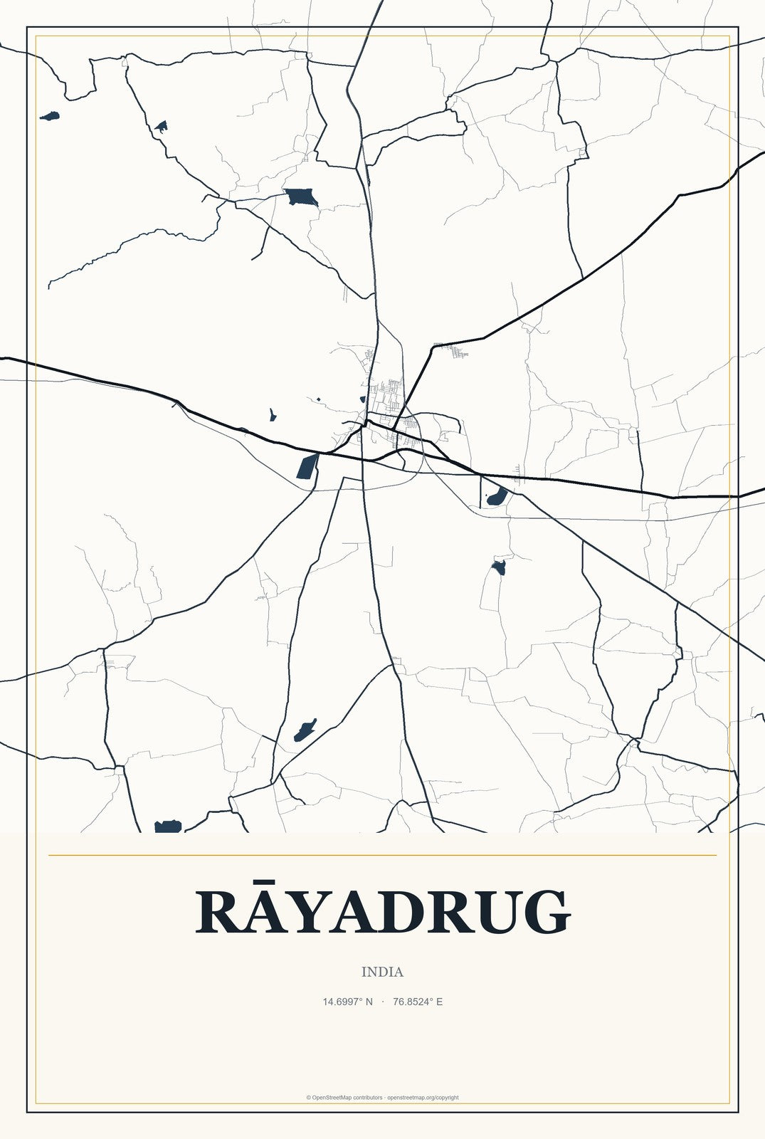 Rāyadrug, India City Map Aluminum Sign in Citrine Modern style