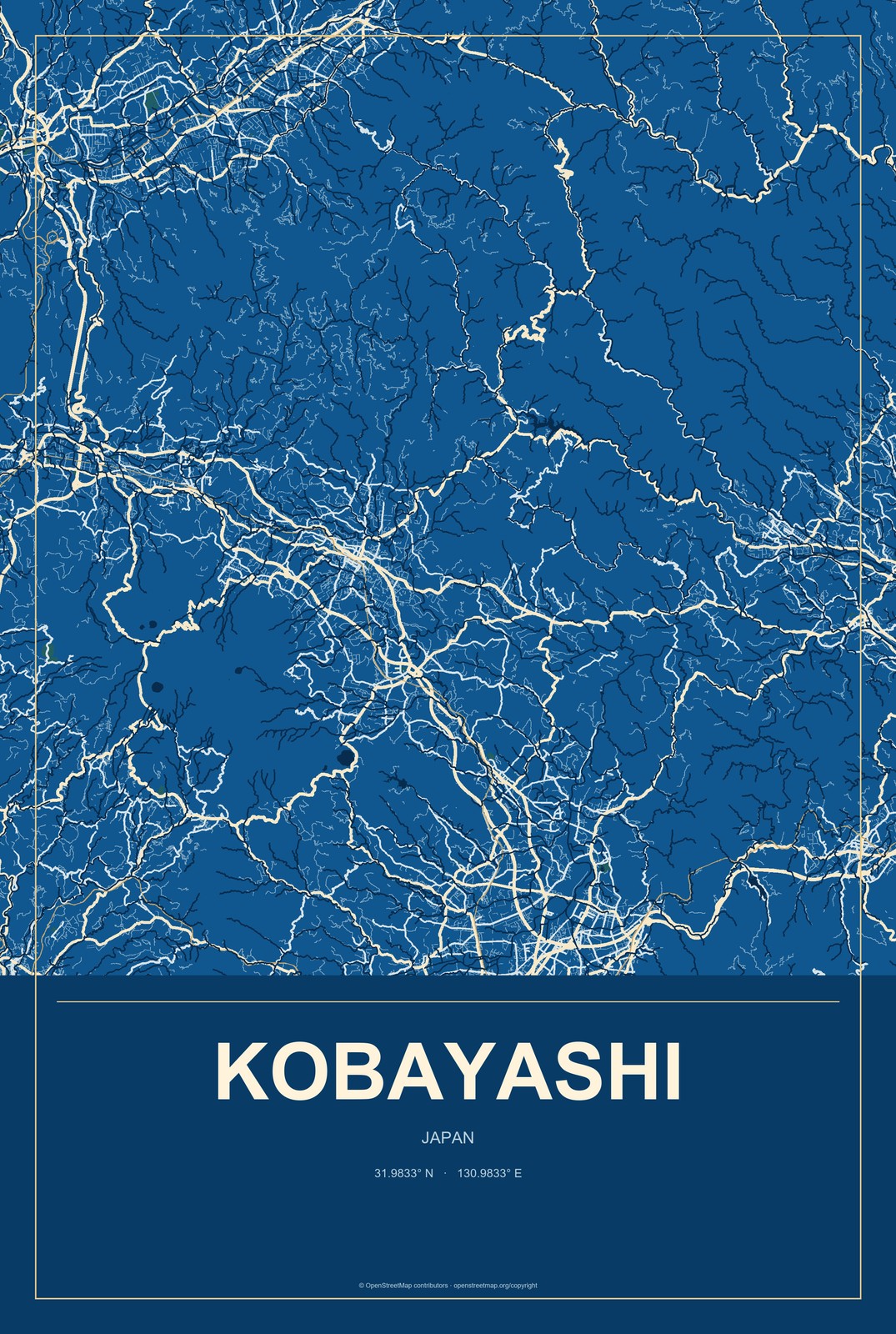Kobayashi, Japan City Map Aluminum Sign in Harbor Cobalt style
