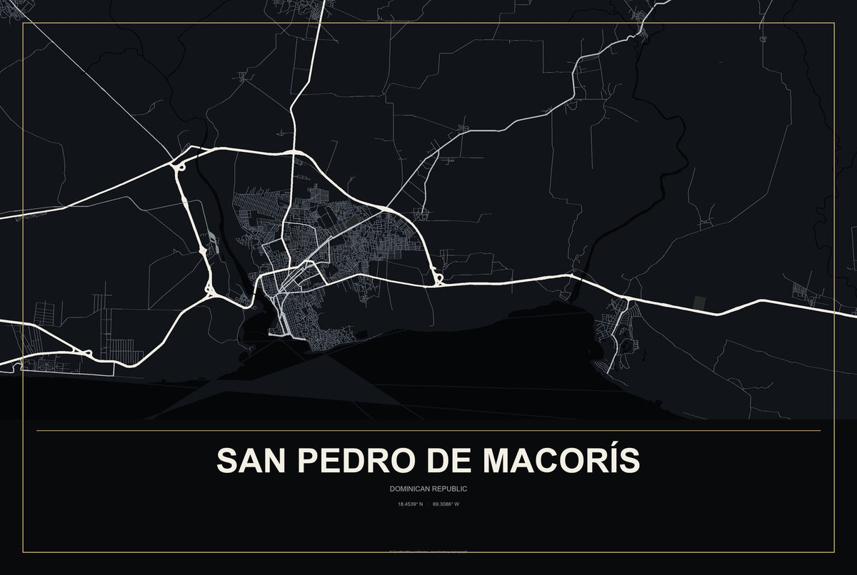 San Pedro de Macorís, Dominican Republic City Map Aluminum Sign in Metropolitan Noir style
