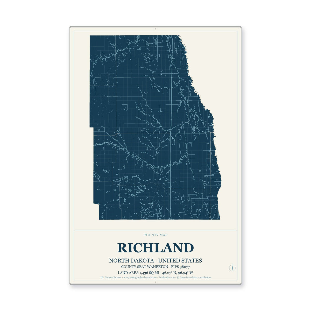 Richland County, North Dakota Map Aluminum Sign in Coastal Cutout style