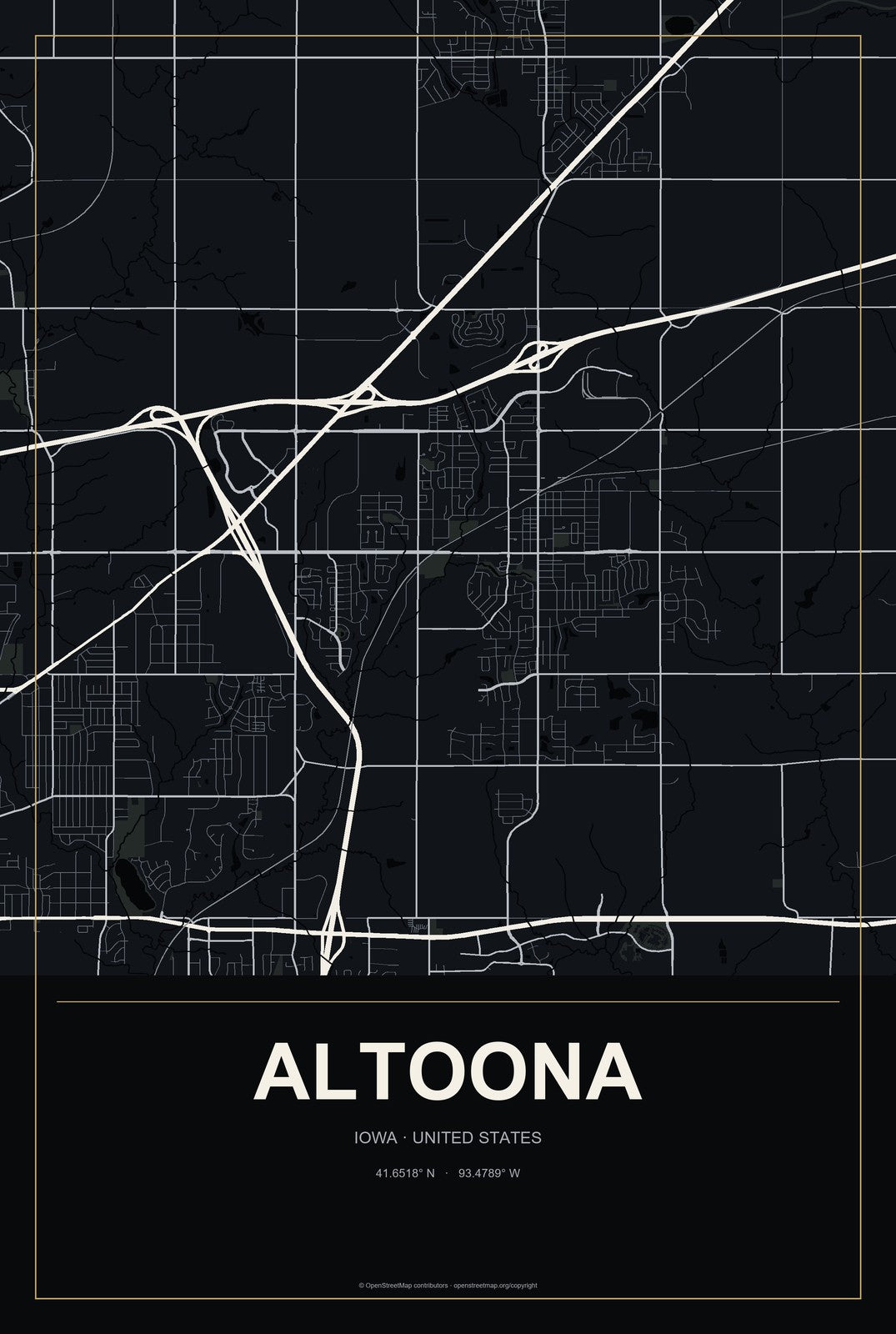 Altoona, Iowa City Map Aluminum Sign in Metropolitan Noir style