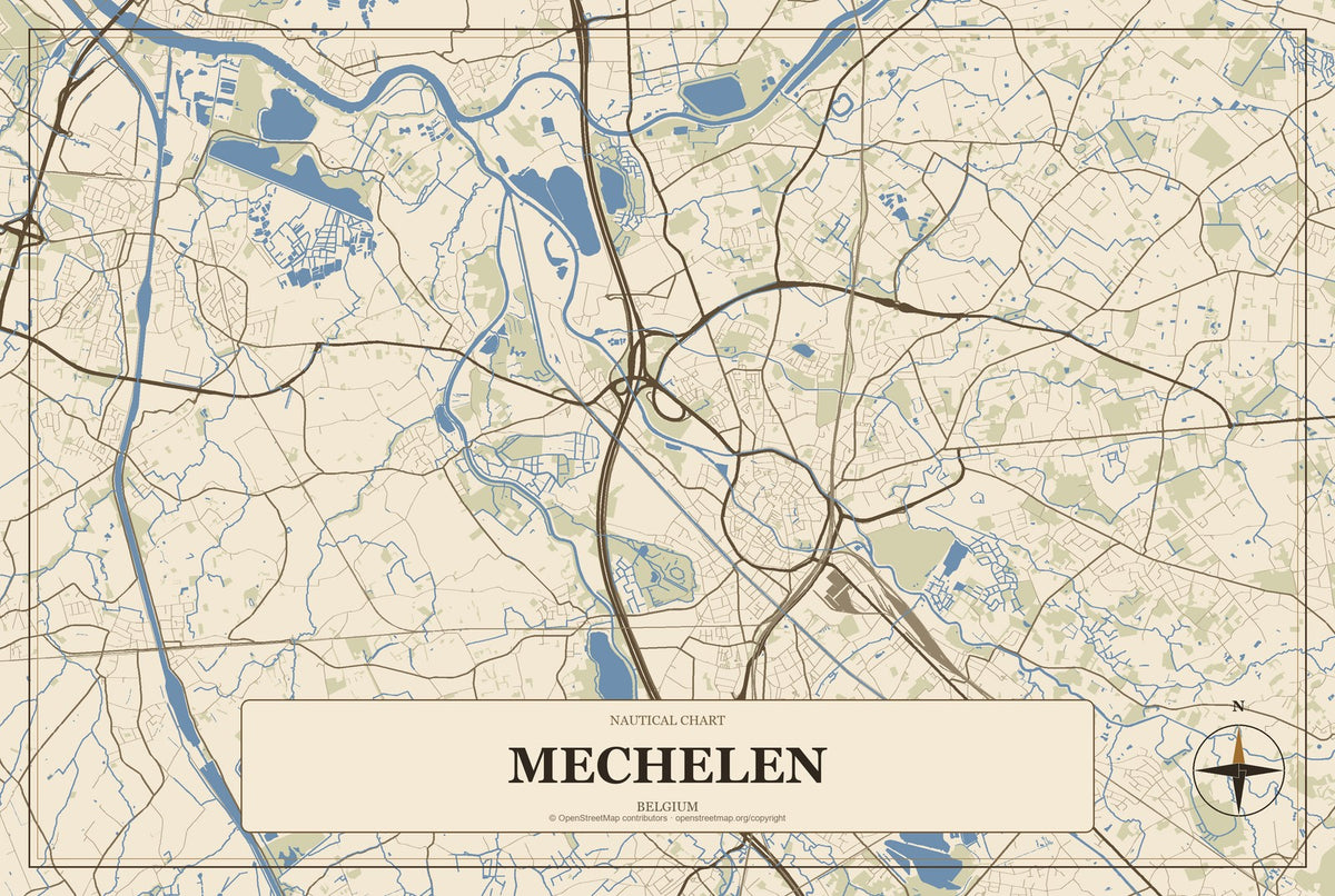 Mechelen, Belgium City Map Aluminum Sign in Heritage Nautical style