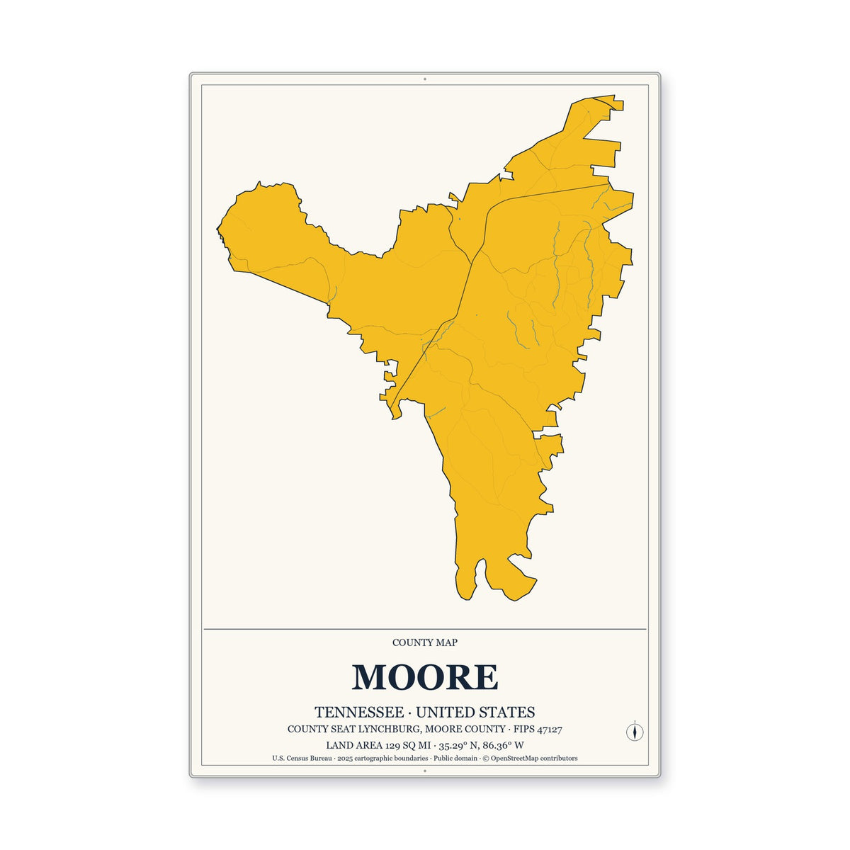 Moore County, Tennessee Map Aluminum Sign in Citrine Modern style
