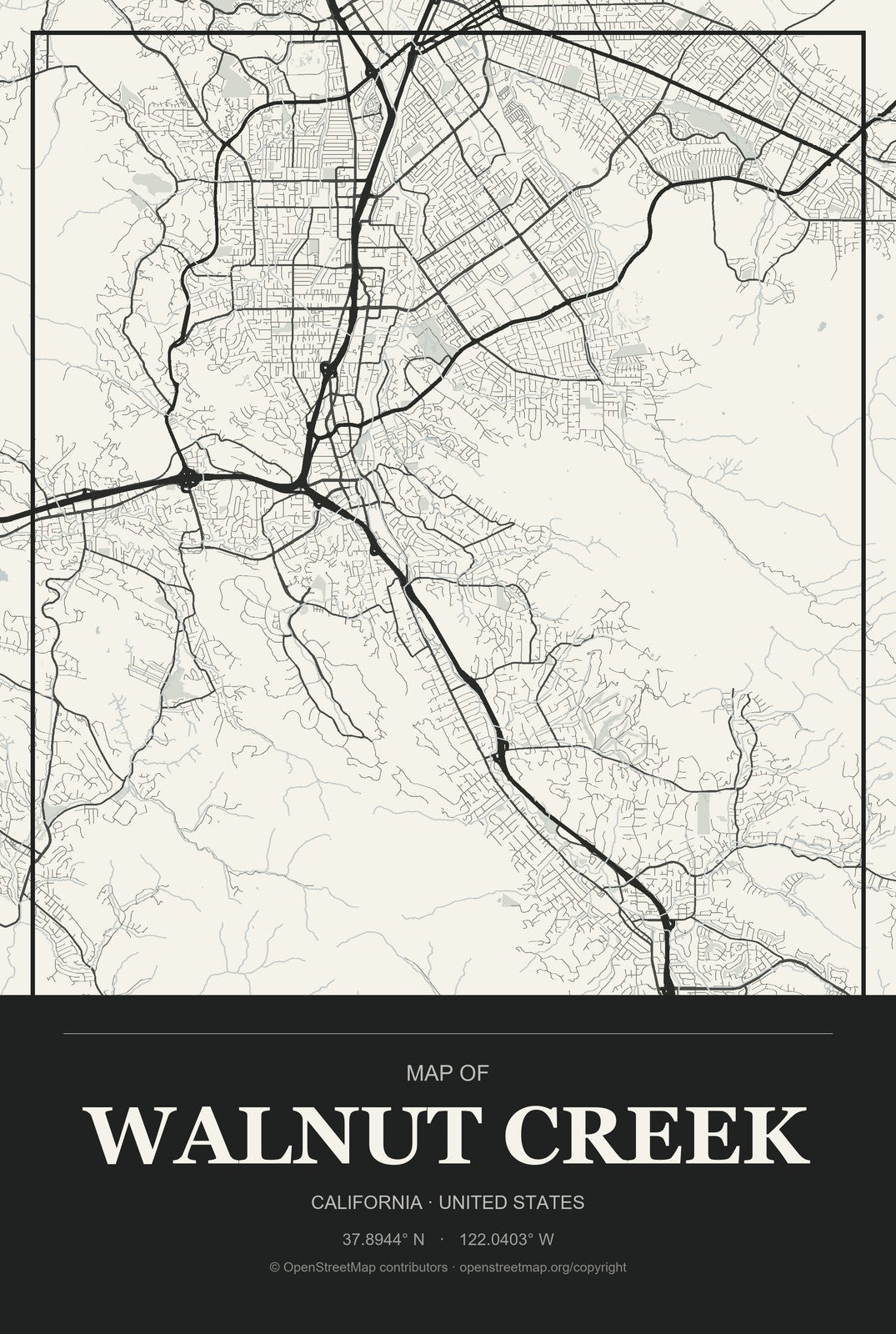 Walnut Creek, California City Map Aluminum Sign in Museum Plaque style