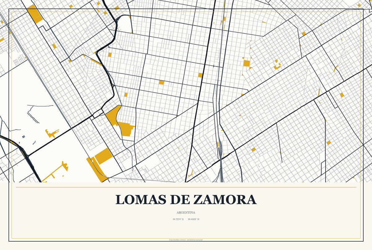 Lomas de Zamora, Argentina City Map Aluminum Sign in Citrine Modern style