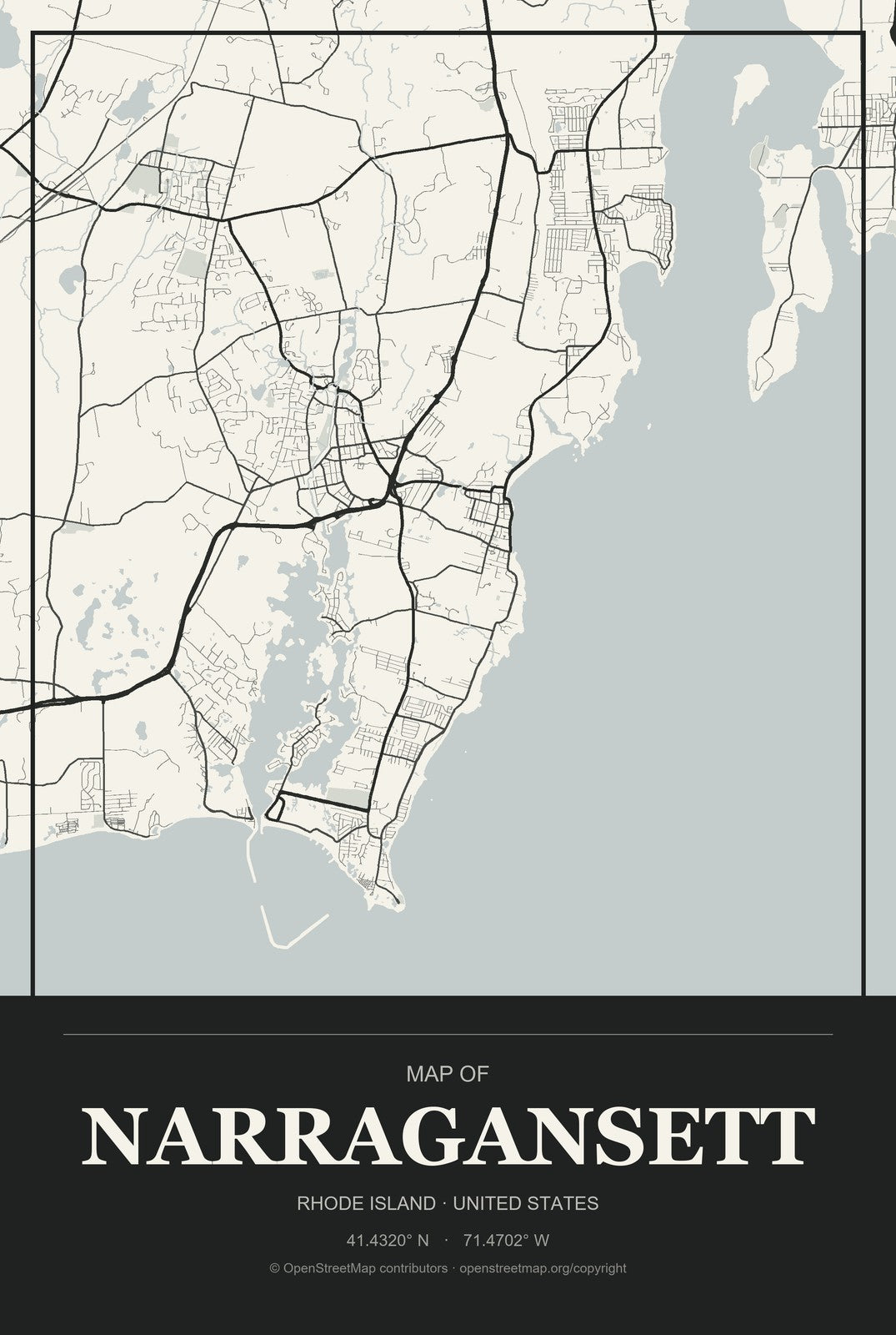 Narragansett, Rhode Island City Map Aluminum Sign in Museum Plaque style
