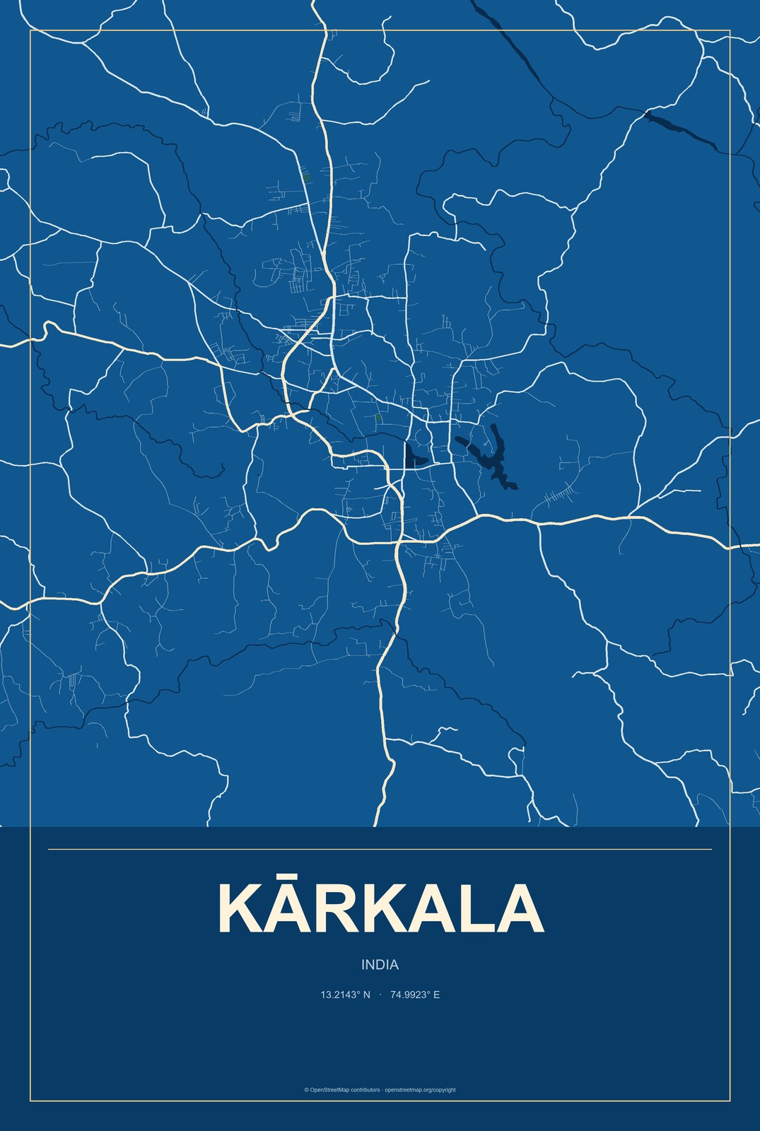 Kārkala, India City Map Aluminum Sign in Harbor Cobalt style