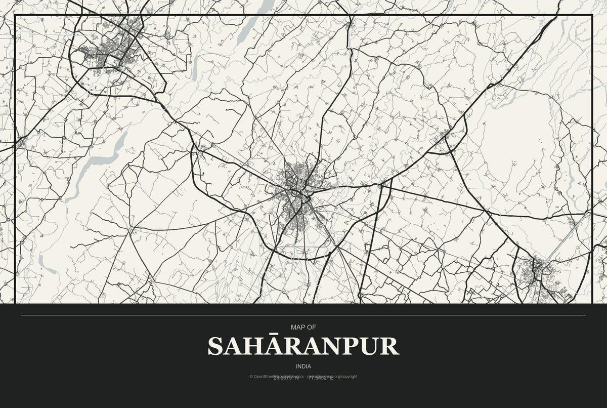 Sahāranpur, India City Map Aluminum Sign in Museum Plaque style