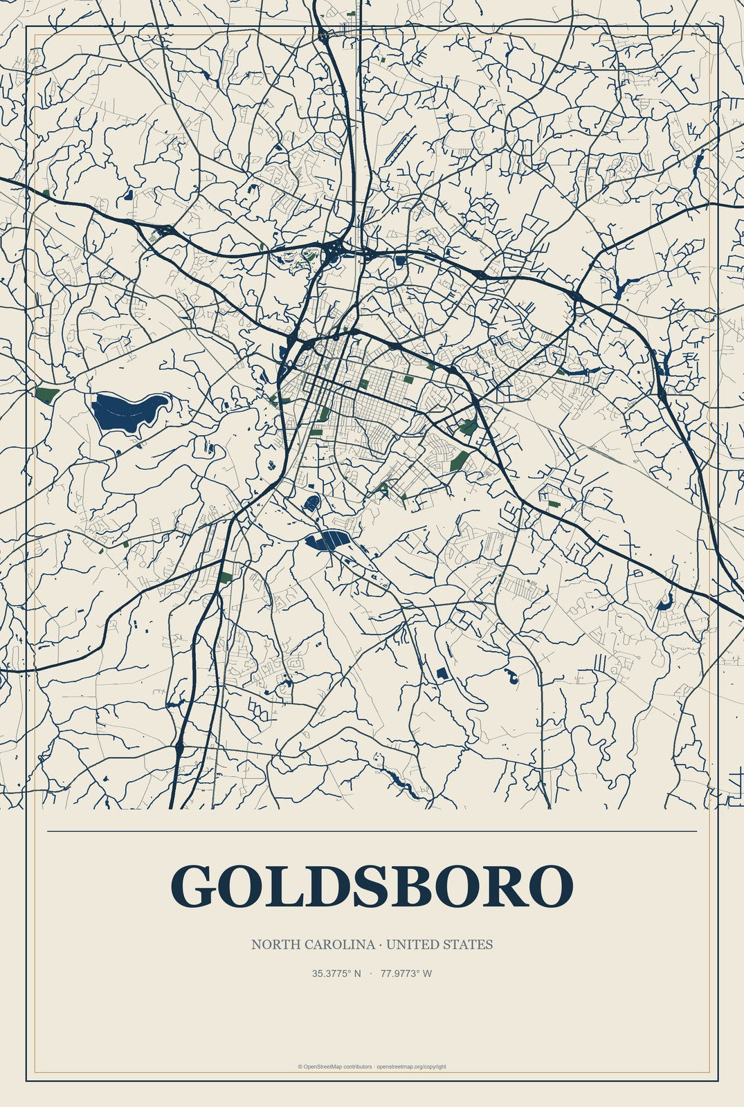 Goldsboro, North Carolina City Map Aluminum Sign in Coastal Cutout style